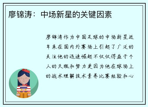 廖锦涛：中场新星的关键因素