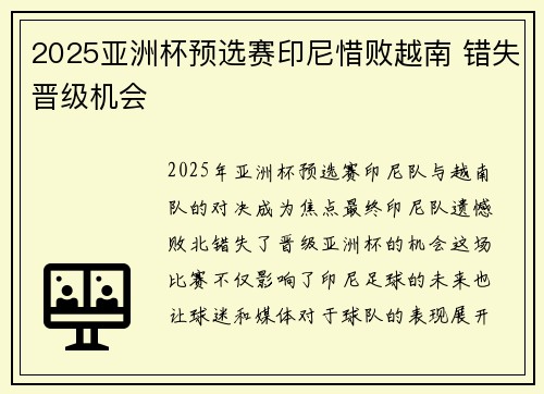 2025亚洲杯预选赛印尼惜败越南 错失晋级机会