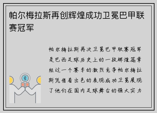 帕尔梅拉斯再创辉煌成功卫冕巴甲联赛冠军 帕尔梅拉斯再创辉煌成功卫冕巴甲联赛冠军